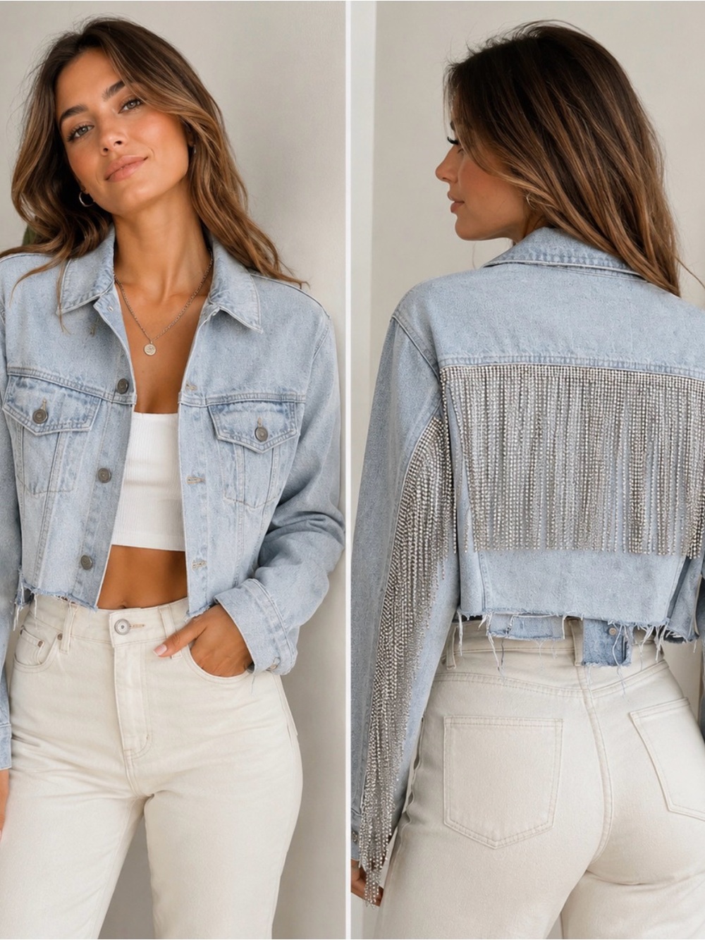 Daniel X Diamond Rhinestone cropped Jean jacket raw hem  Jacket | L
